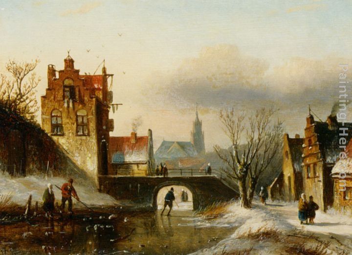 Jan Jacob Coenraad Spohler Figures on a frozen canal in a Dutch town